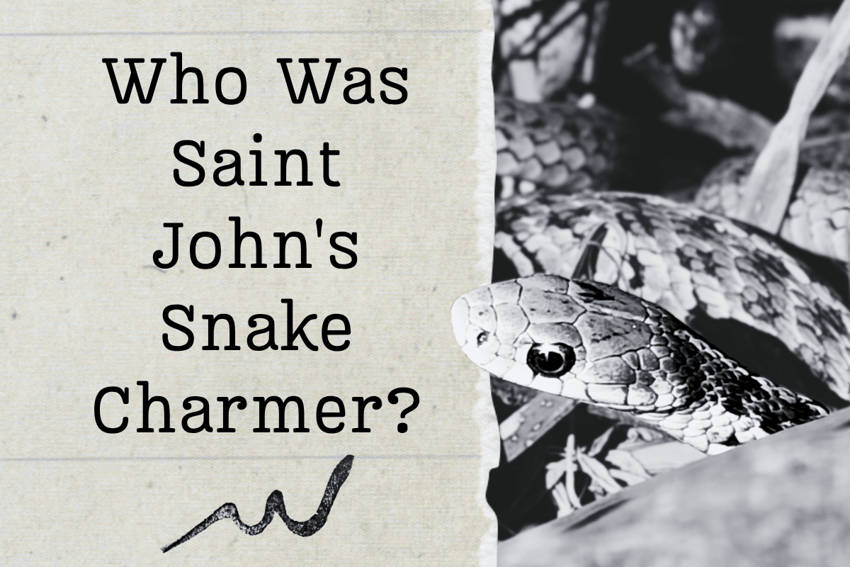 Blog title graphic for "Who Was Saint John's Snake Charmer?" featuring a historic newspaper theme and a Maritime garter snake.